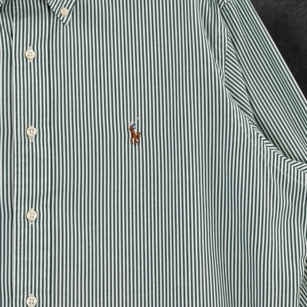 Ralph Lauren Shirt Mens 16.5 32/33 Green Striped Long Sl 100% Cotton Flesh Pony - Picture 2 of 7
